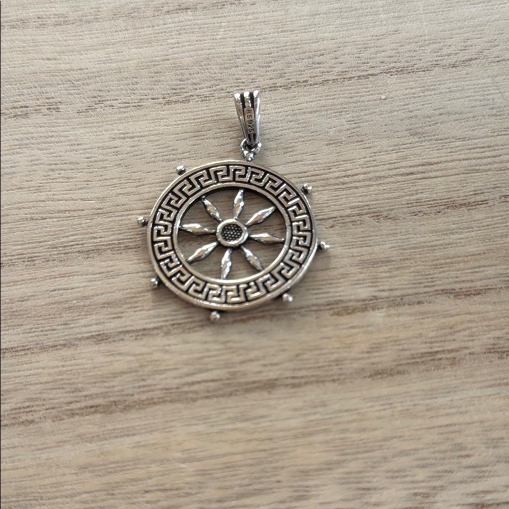 .925 Sterling Silver Greek Key Ship Wheel Pendant